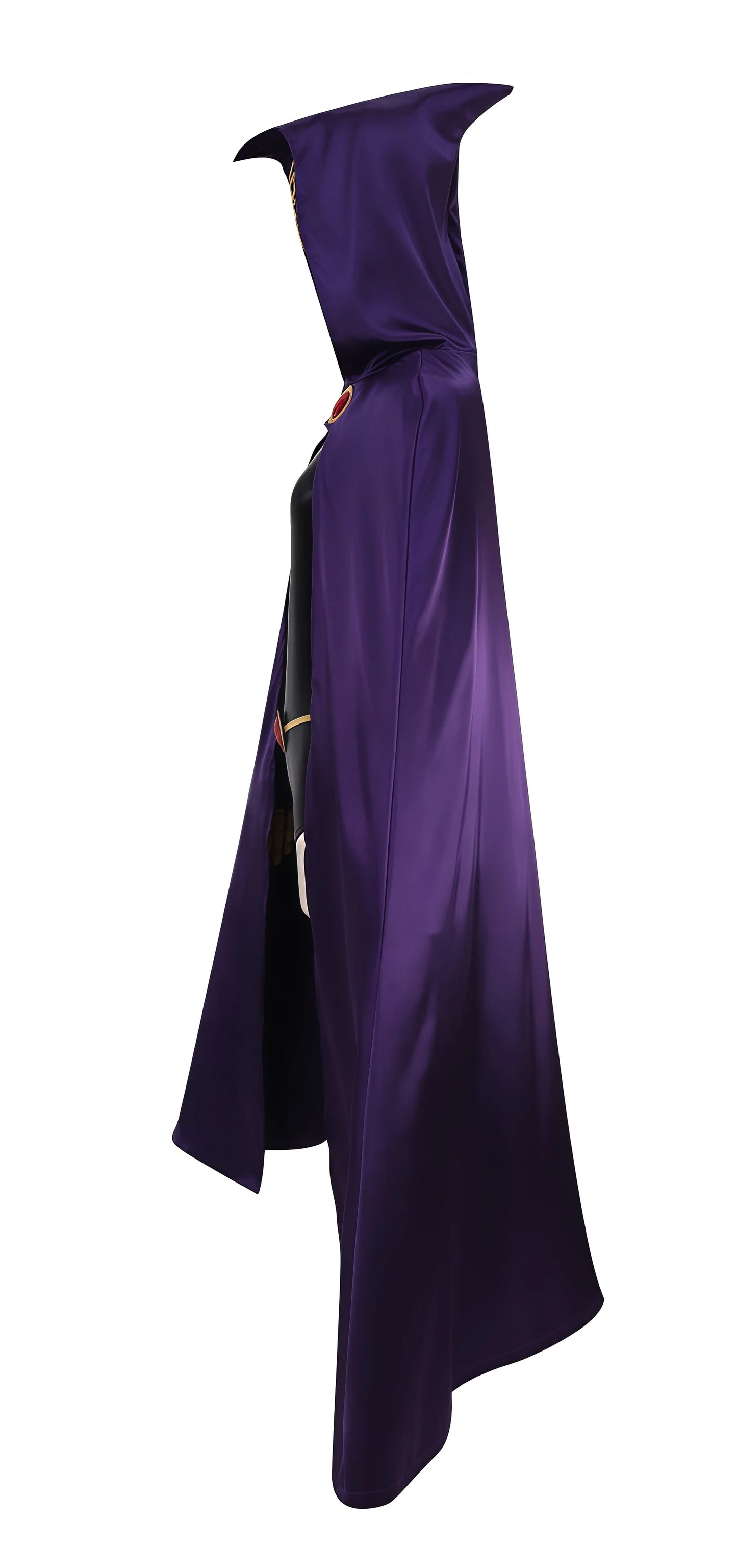 Raven Teen Titans cosplay costume for women featuring a hooded purple cape and detailed design.