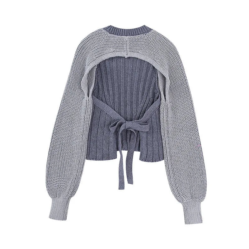 Fashionable Backless Knot Design Knitted Top Women's Autumn Wear Versatile Street Style round Neck Long Sleeve Polyester
