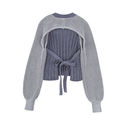 Fashionable Backless Knot Design Knitted Top Women's Autumn Wear Versatile Street Style round Neck Long Sleeve Polyester