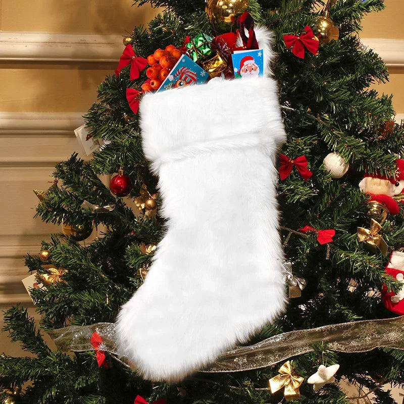 Large White Christmas Stockings Plush Socks Gifts Candy Bag Xmas Tree Pocket Hanging Ornament New Year Christma Decorations