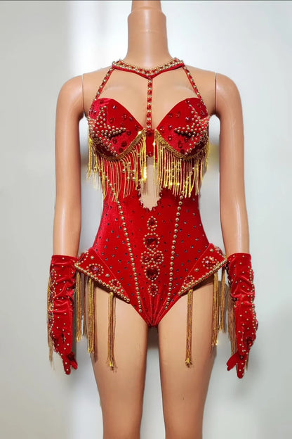 Women Sparkly Rhinestone Red Bodysuit 4Pieces Set Nightclub Party Stage Show Outfit Cabaret Carnival Showgirl Sexy Wear Hongding