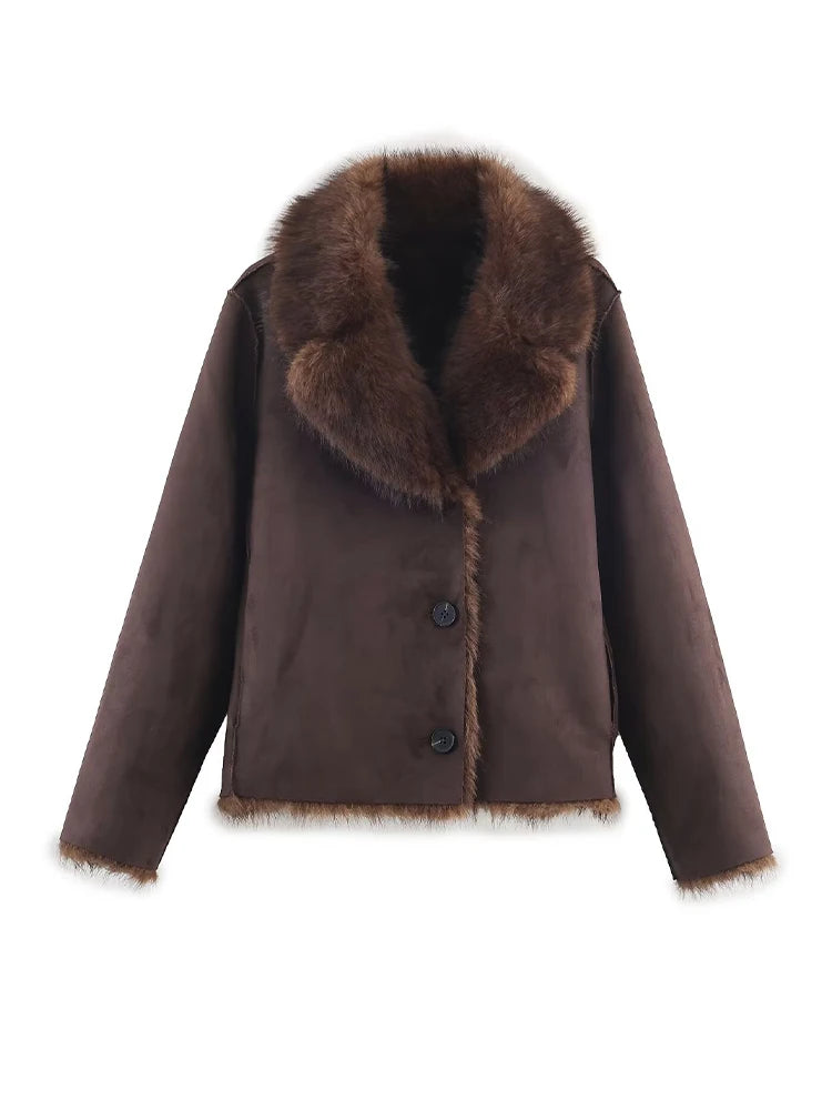 HH Winter Woman Elegant Casual Warm Coat Women Lapel Buttons Pocket Long Sleeves Outwear Reversible Faux Fur Effect Jacket