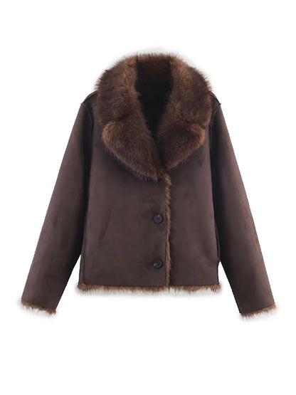 HH Winter Woman Elegant Casual Warm Coat Women Lapel Buttons Pocket Long Sleeves Outwear Reversible Faux Fur Effect Jacket