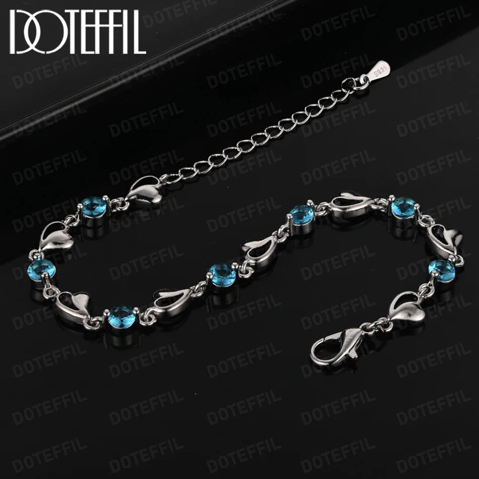 DOTEFFIL Heart Purple Blue AAA Zircon Bracelet 925 Sterling Silver For Women Jewelry Engagement Party Christmas Gift