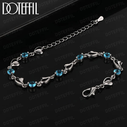 DOTEFFIL Heart Purple Blue AAA Zircon Bracelet 925 Sterling Silver For Women Jewelry Engagement Party Christmas Gift