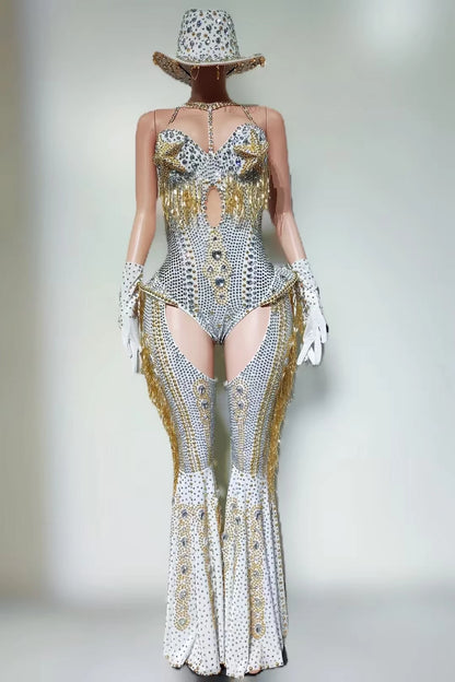 Women Sparkly Rhinestone Red Bodysuit 4Pieces Set Nightclub Party Stage Show Outfit Cabaret Carnival Showgirl Sexy Wear Hongding
