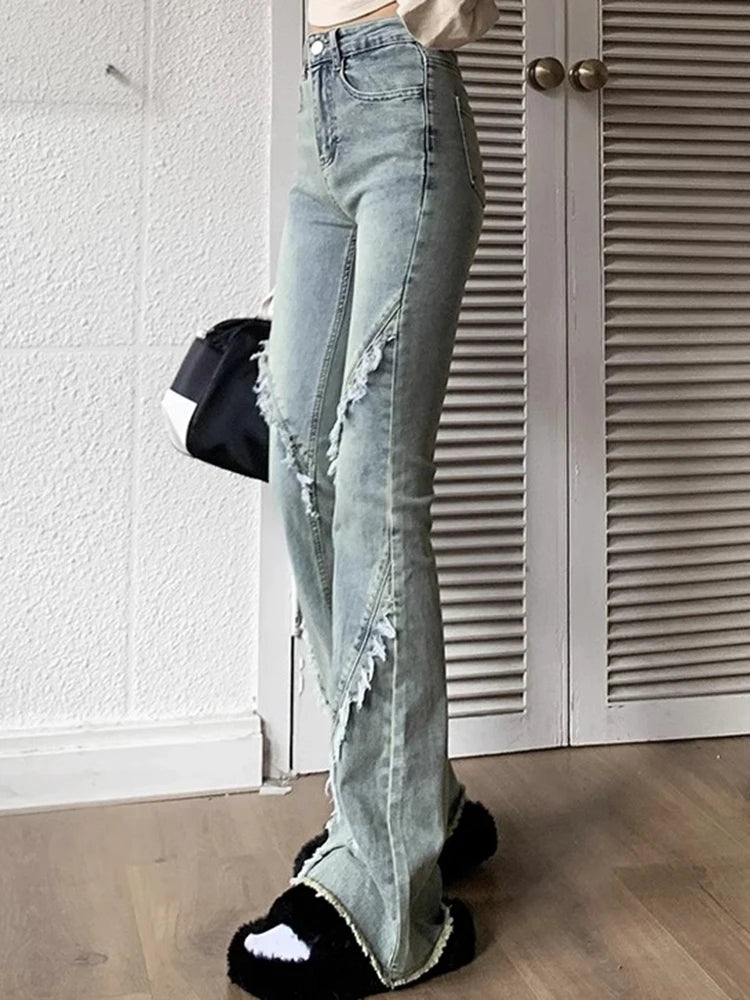 2024 Woman Korean High Waist Narrow Jeans Lady High Street Slim Fit Denim Flare Pants Female Blue Fashion Bell Bottom Trousers