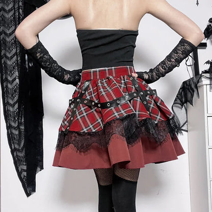 plus Size Gothic Harajuku Plaid Pleated Skirt Y2K Lolita Sweet Lace Mini Punk Kawaii Cosplay Costume Girls Clothing