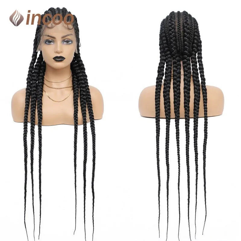 36 Inches Cornrows Braided Wigs Synthetic Full Lace Wig For Black Women Jumbo Braided Wigs Lace Frontal Faux Locs Box Braids Wig