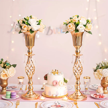 Gold Vase with Chandelier Crystal, 23.2 Inch Tall Vase Table Decorations, Wedding, Birthday Party, Halloween, Christmas Decora