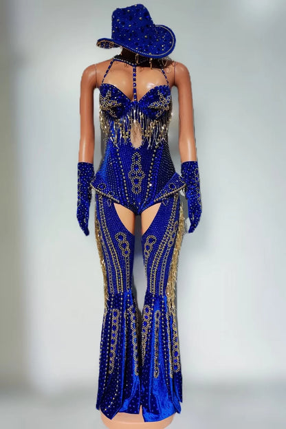 Women Sparkly Rhinestone Red Bodysuit 4Pieces Set Nightclub Party Stage Show Outfit Cabaret Carnival Showgirl Sexy Wear Hongding