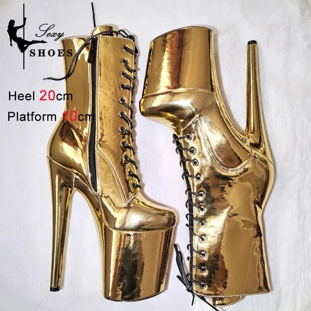 New Gold Shoes for Women 2025 Platform Heels Pole Dance Stripper 20cm/8Inch Sexy Ankle Boots Round ToeThin Heels Ladies Shoes