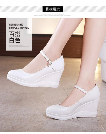 high quality leather shoe for women 7cm wedge high heel platform round toe 32 33 42 43 elegant and fashion shoe white red black