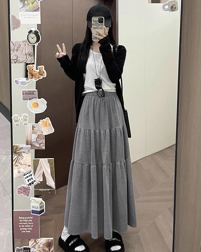 Autumn Casual Knit Pleated Skirt for Women Elegant Solid Color A Line Long Skirts Korean Streetwear High Waist Patchwork Skirt