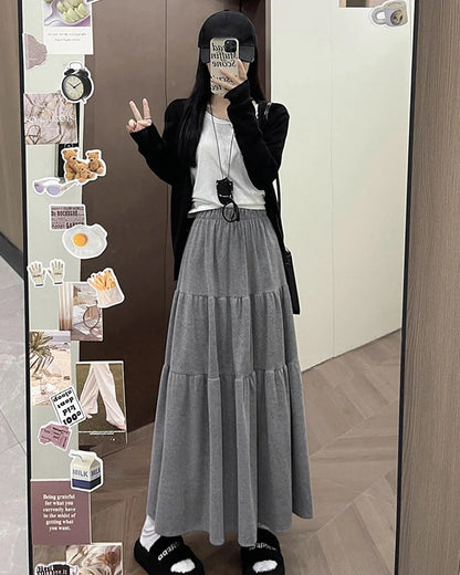 Autumn Casual Knit Pleated Skirt for Women Elegant Solid Color A Line Long Skirts Korean Streetwear High Waist Patchwork Skirt