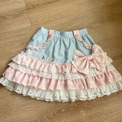 2026 Spring Japanese Cute T-shirts Women Casual Y2k Crop Top Kawaii Blouse and Mini Cake Skirts Outwear Lolita Vintage Tees Chic