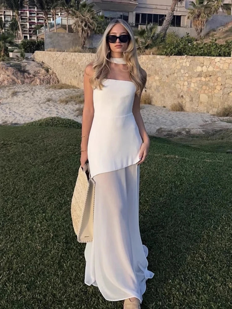 2025 Summer Women Fashion Strapless Dress With Ribbon Patchwork Elegant Sleeveless Mesh Split Dress Vacation Beach Long Dresses
