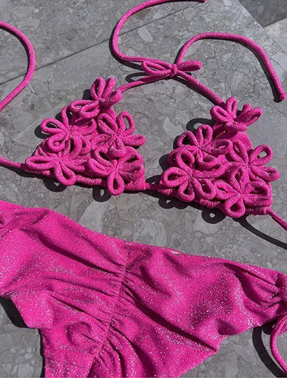 Comfortable Brazilian G-String Swimwear Bandage Stripes Trim Halter Female Bikini Set 2024 New Fashion Chest Pad Beachwear