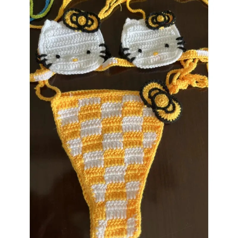 Cute Crochet Bikini Set 2 Pieces Lady's Bathing Suits Sexy Micro Bikinis Ties Swimsuit Thong Swimwear Kwaii Womens Swimming Suit