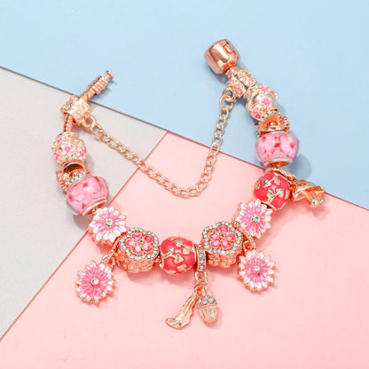 Spring Style Charms Bracelets For Women With Snake Chain Pink Daisy DIY Charms Beads Pendants Fashion Jewelry Dropshipping