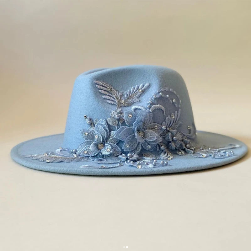 Embroidered three-dimensional flower fedora hat Women's jazz top hat Spring and autumn panama church fashion elegant wedding Hat