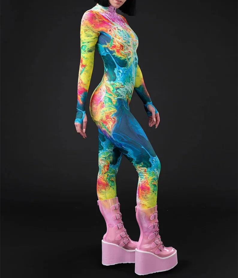 Cosplay Costume Female Woman Sexy Suit Color Element Blue Muscle Halloween Bodysuit Adults High-waisted Sports Jumpsuit