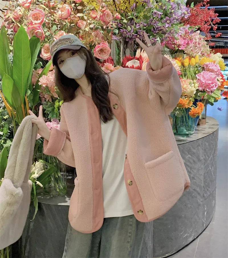 2024 Winter New Women's Lamb Wool Jacket Petite Loose-Fit Thickened Integrated Deer Skin Fleece Medium-Length Korean Style