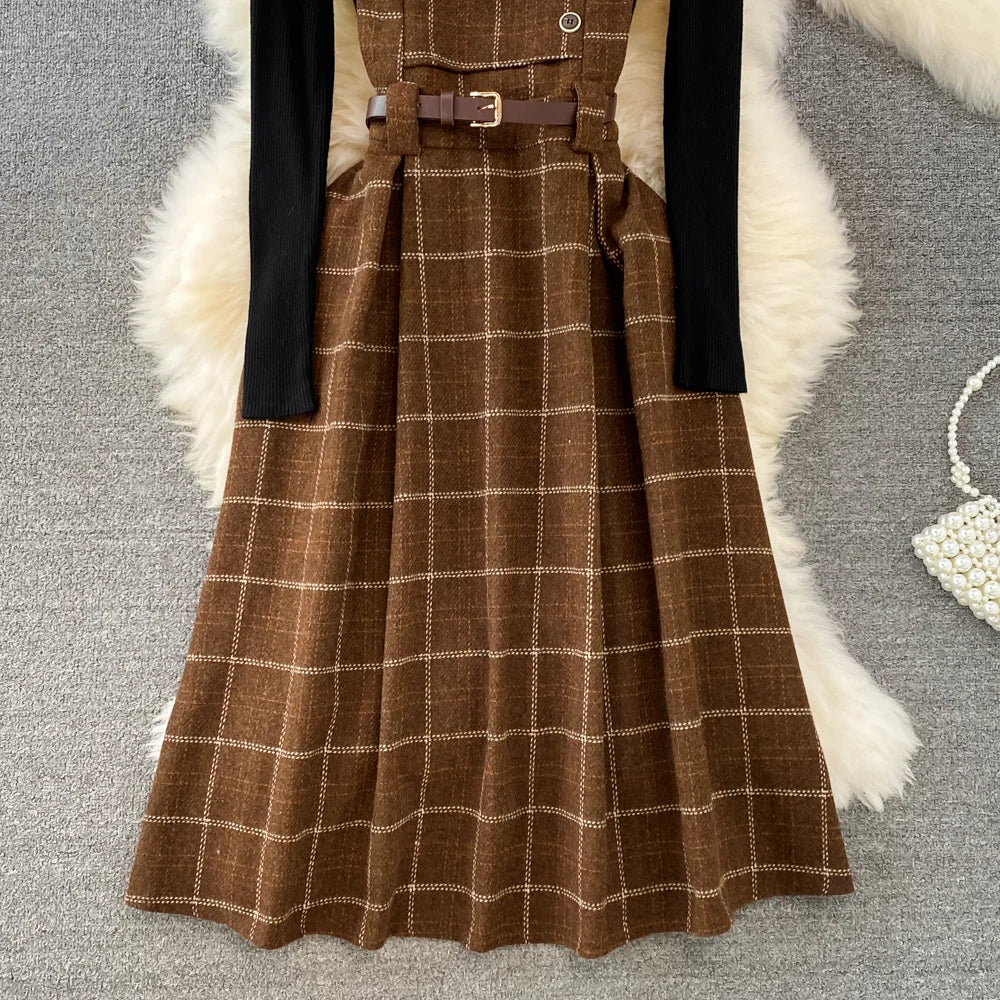 High Quality Fall Winter Women Sweater Overalls Dress Sets Casual Knitted Tops +Plaid Woolen Dress 2 Piece Sets Outfits Female