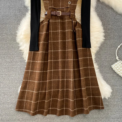 High Quality Fall Winter Women Sweater Overalls Dress Sets Casual Knitted Tops +Plaid Woolen Dress 2 Piece Sets Outfits Female