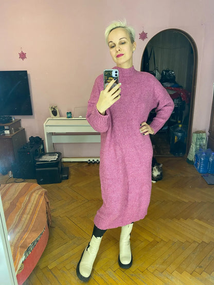 Winter Women Dress Fall Sweater Women Dress Long Sleeve Knitted Dresses Maxi Vintage Oversize Dresses Knitting Thick Warm Purple