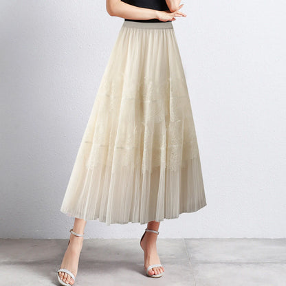 Women Mid Length Skirts Dance Party A Line High Waisted Lace Tulle Skirt Pleated Mesh Half Skirts Holiday Party Costumes