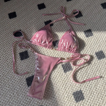 Shiny Pink Micro Bikini 2025 Mujer Women Sexy PU Pearls Push Up Thong Swimsuit Summer Bathing Suit Bandage Holiday Swimwear