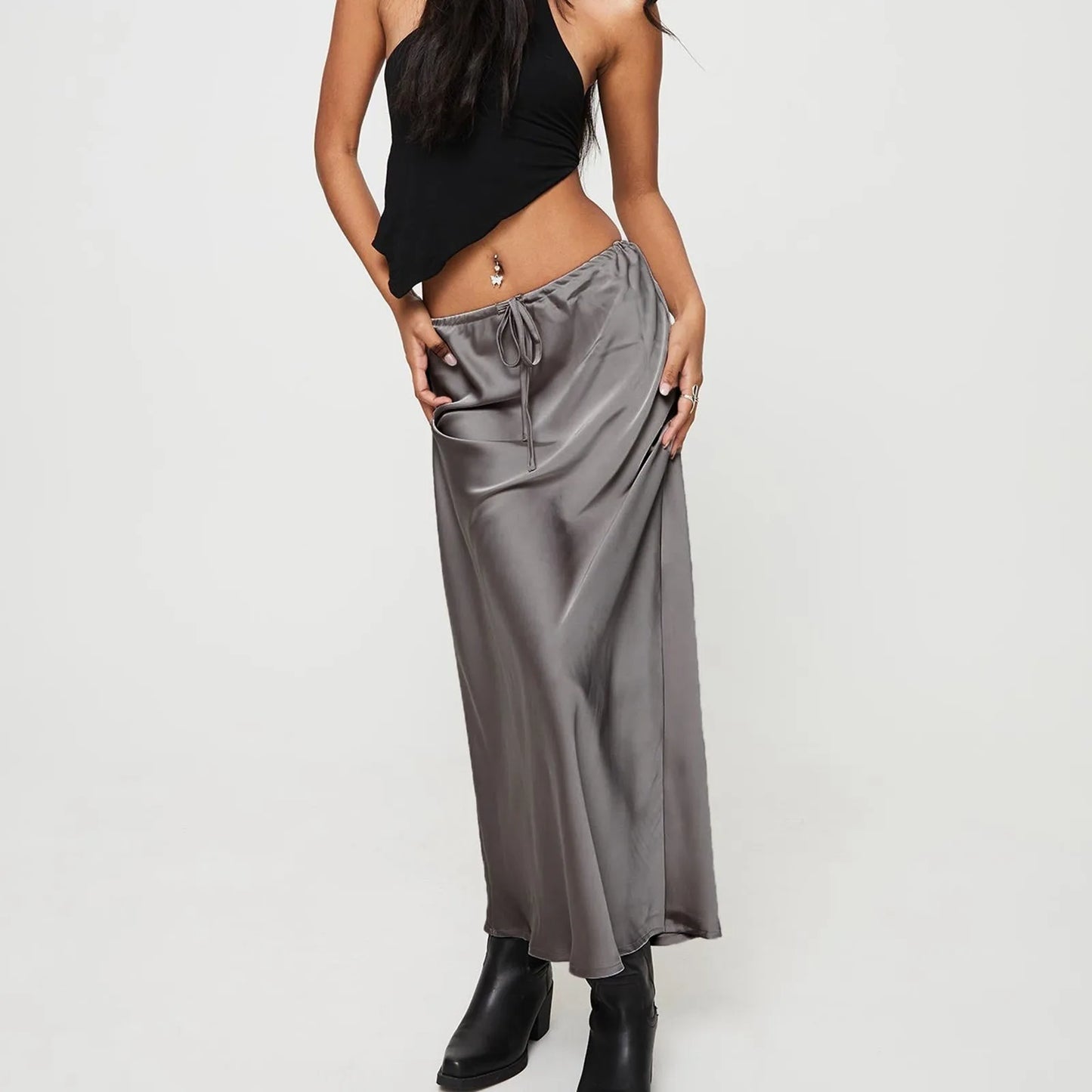 Women'S Solid Color Satin Long Dress High Waist Drawstring Dress Maternity Skirts Reflective Dress Trailing Dress Ropa De Mujer
