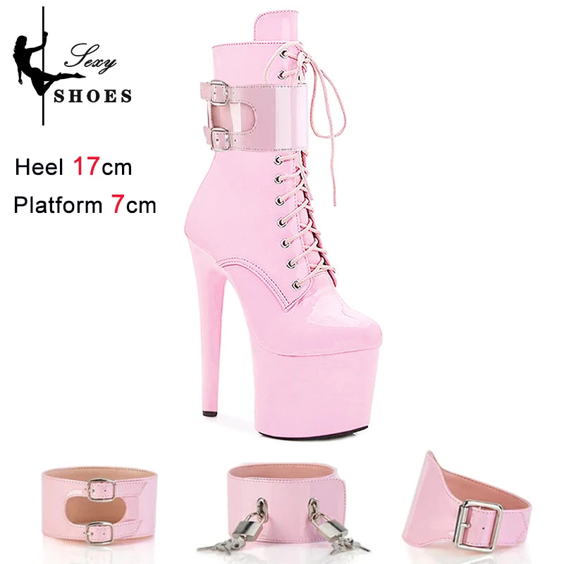 New Sexy Red Fetish Zip Women's Boots T Show Lock Belt Buckle Club Party Ankle Boots Thin High Heels Laces Stripper Heels Boots