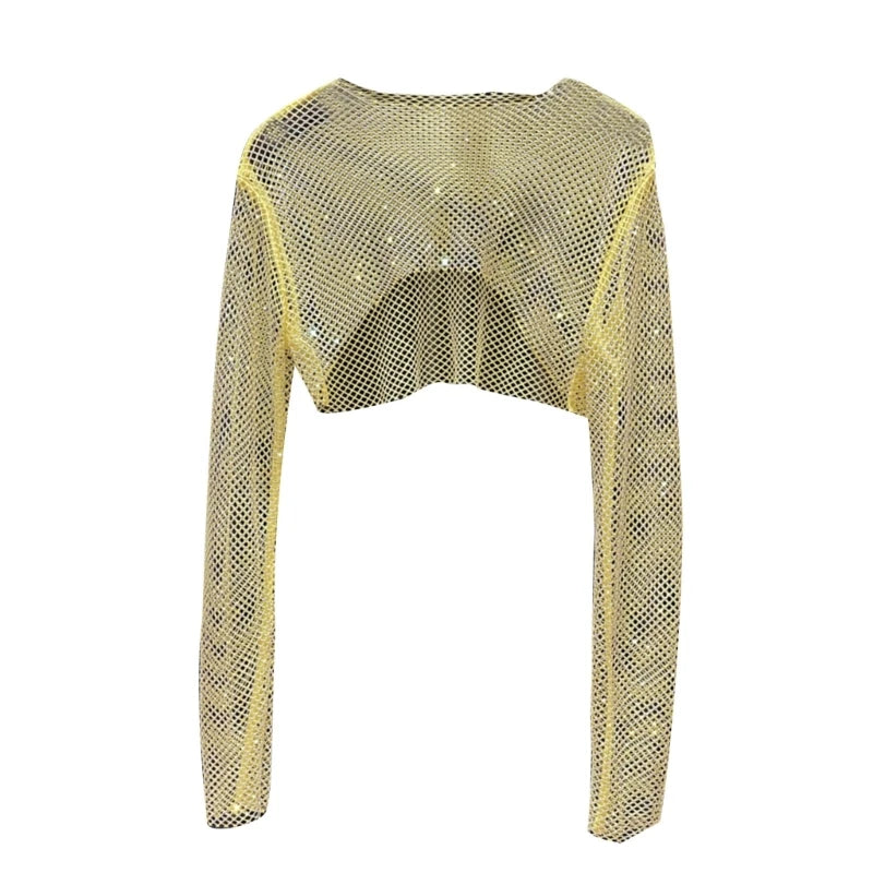 Women Colorful Rhinestones Long Sleeve Crop Top Sparkly Glitter Drill Shawls Shrug See Through Fishnet Cover Up Clubwear