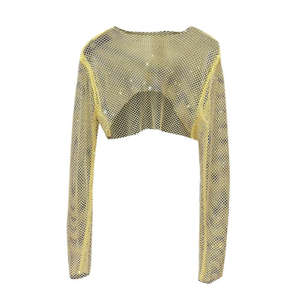 Women Colorful Rhinestones Long Sleeve Crop Top Sparkly Glitter Drill Shawls Shrug See Through Fishnet Cover Up Clubwear