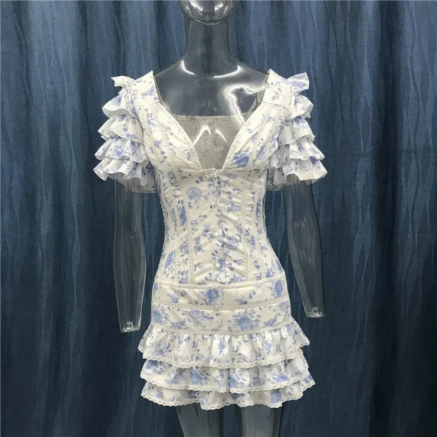 New Sweet Floral Print V-neck Ruffle Light Blue Women Mini Dress