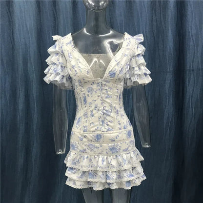 New Sweet Floral Print V-neck Ruffle Light Blue Women Mini Dress