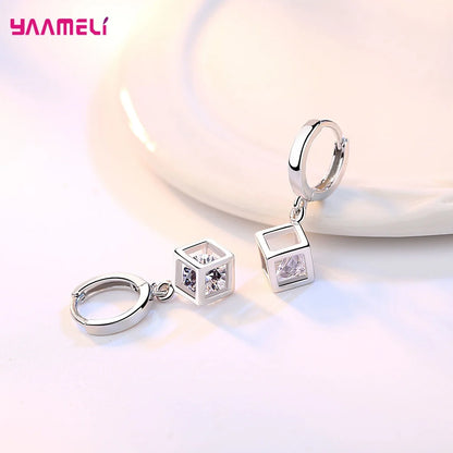 Top Sale 925 Sterling Silver Color Jewelry Gift Set Cube Cubic Zircon Necklace/Earrings/Bracelet/Ring for Wedding Engagement