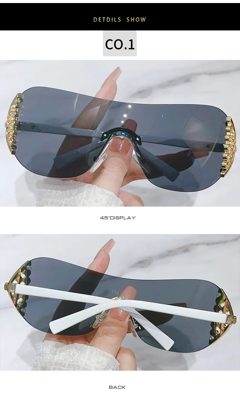 Luxury One-Piece Rimless Sunglasses Oversized Diamond Brand Designer Sun Glasses for Women Steampunk Eyewear UV400 Oculos De Sol