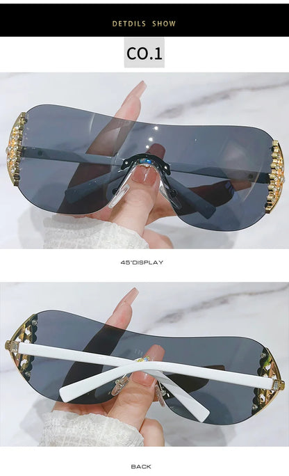 Luxury One-Piece Rimless Sunglasses Oversized Diamond Brand Designer Sun Glasses for Women Steampunk Eyewear UV400 Oculos De Sol