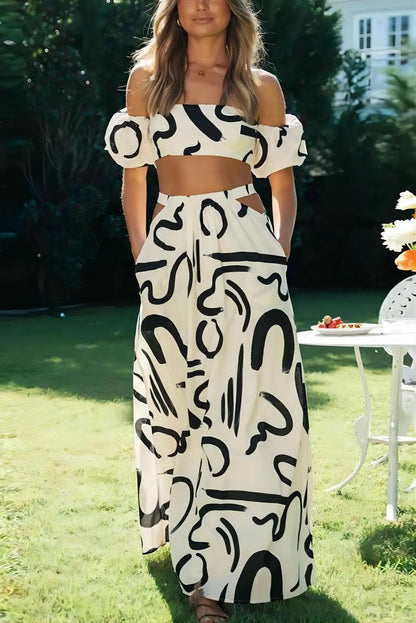 Two Piece Sets Fashion New Print Solid Color Puff Sleeve Zipper Breast Wrap Crop Top & Hollow Out Waist Big Hem Dress Suits Lady