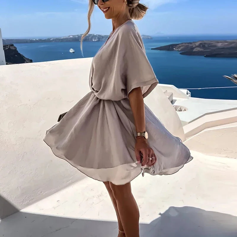 Sexy V Neck Dresses For Women Elegant Short Sleeve Solid A-line Loose Mini Dress Women Casual Beach Party Dress Boho 2022