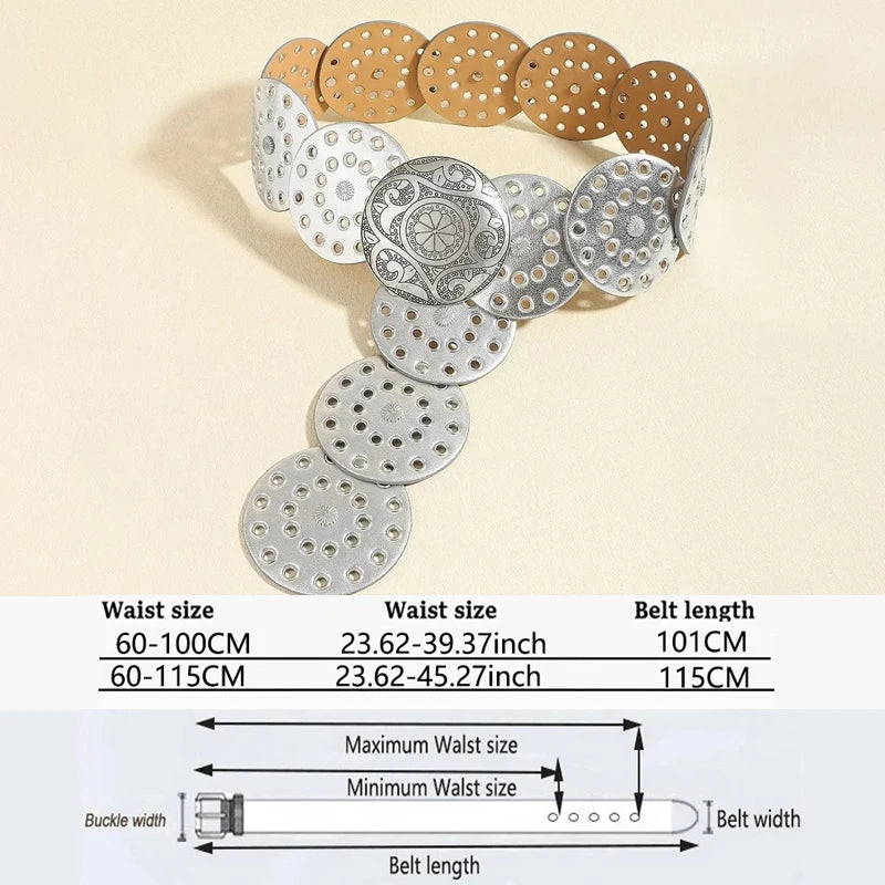 Women's Western Denim Belt High Quality Metal Hollow Ladies Trend Wide Waistband Vintage Personalized Round Belts DT148