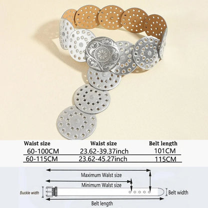 Women's Western Denim Belt High Quality Metal Hollow Ladies Trend Wide Waistband Vintage Personalized Round Belts DT148