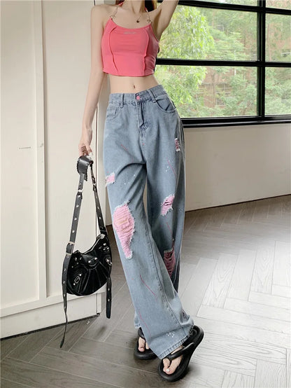 Jeans Women Ripped Niche Design 2025 Summer New High-waisted Slimming Loose Casual Straight Wide-leg Pants