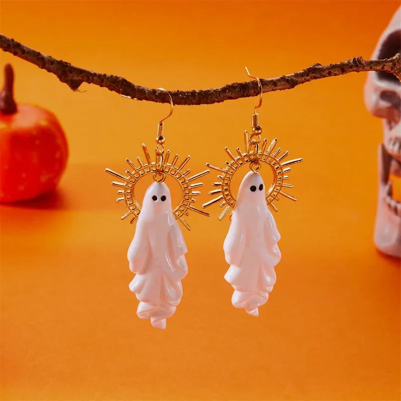 EtherealBe Halloween white ghost earrings with golden sunburst design for festive flair