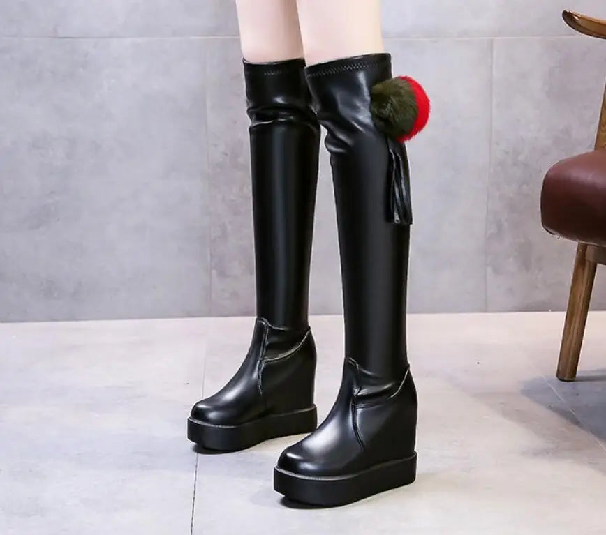 Knee Thigh High New In Women's Boots Genuine Leather Fur Long Shoes for Women Winter 2025 Wedges Chunky Platform Heeled Black