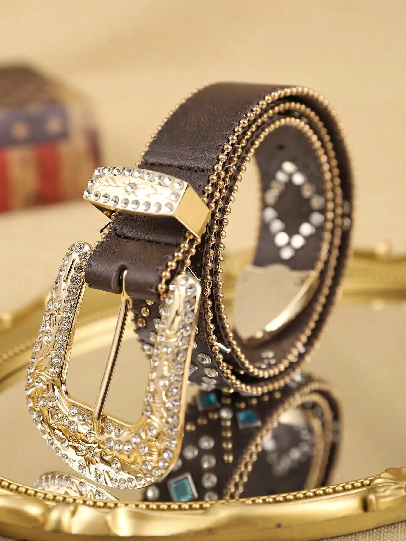 1 Piece Brown Ladies PU Chain Diamond Sapphire Blue Belt Fashion Pop Bohemian Style Belt for Daily Use