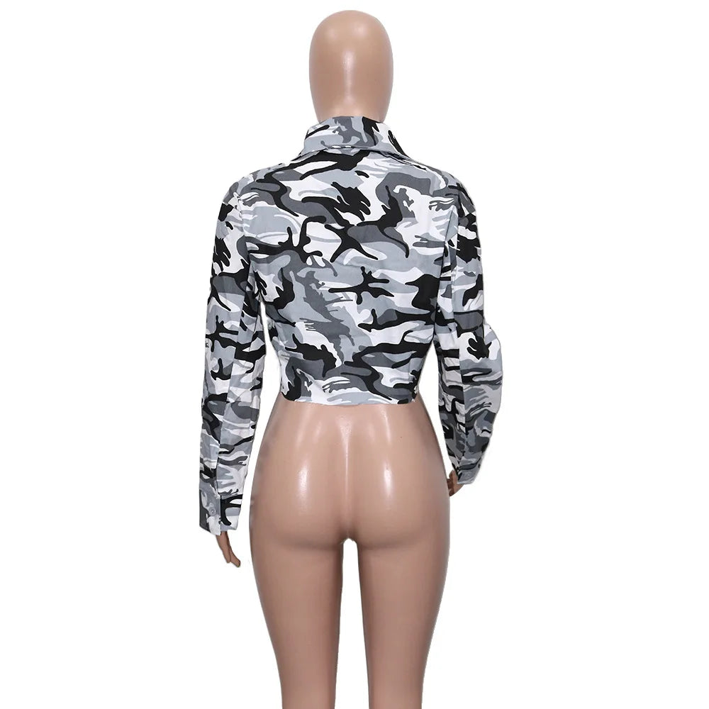 Women's Clothes Coats Casual Fashion Camouflage Print Large Pocket Lapel Long Sleeve Short Jacket for Women